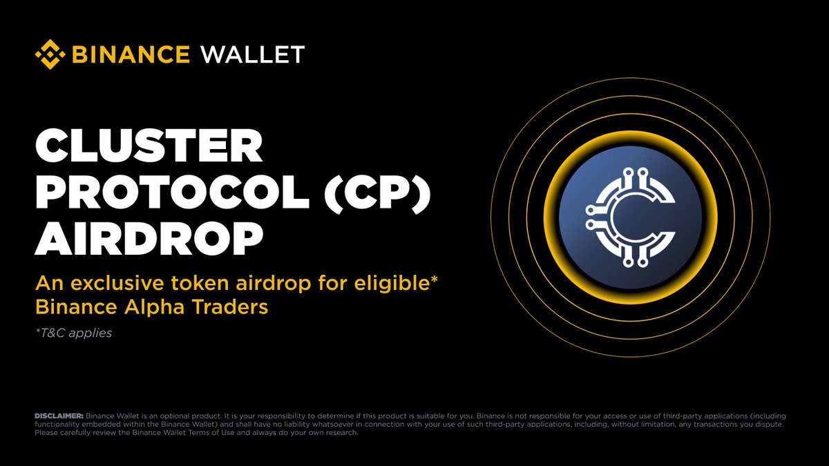 Cluster Protocol (CP) is now live on Binance Alpha! Users with at least 235 Binance Alpha Points can claim an airdrop of 860 CP tokens on a first-come, first-served basis. If the reward pool is not fully distributed, the score threshold will automatically decrease by 5 points every 5 minutes. Please
